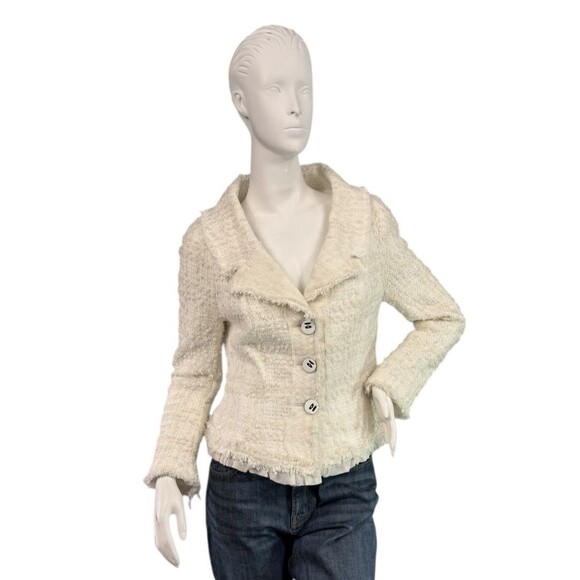 JAVIER SIMORRA Ivory Textured Knit Blazer Silk Ruffle Trim $325 Size S/M - Picture 4 of 10